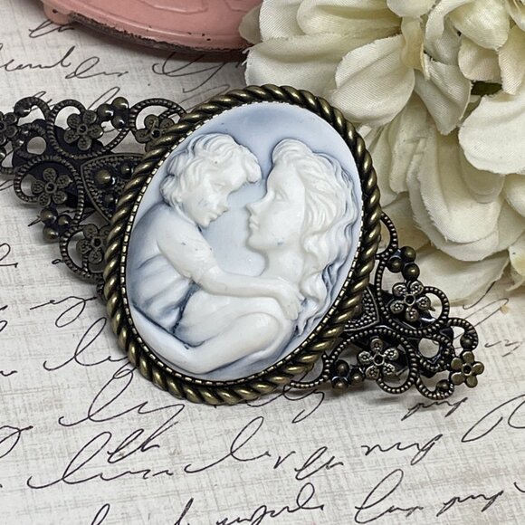 Blue White Mother Child Christmas Gift Mom New Cameo Pin Hair Clip Jewelry Comb - Picture 6 of 12